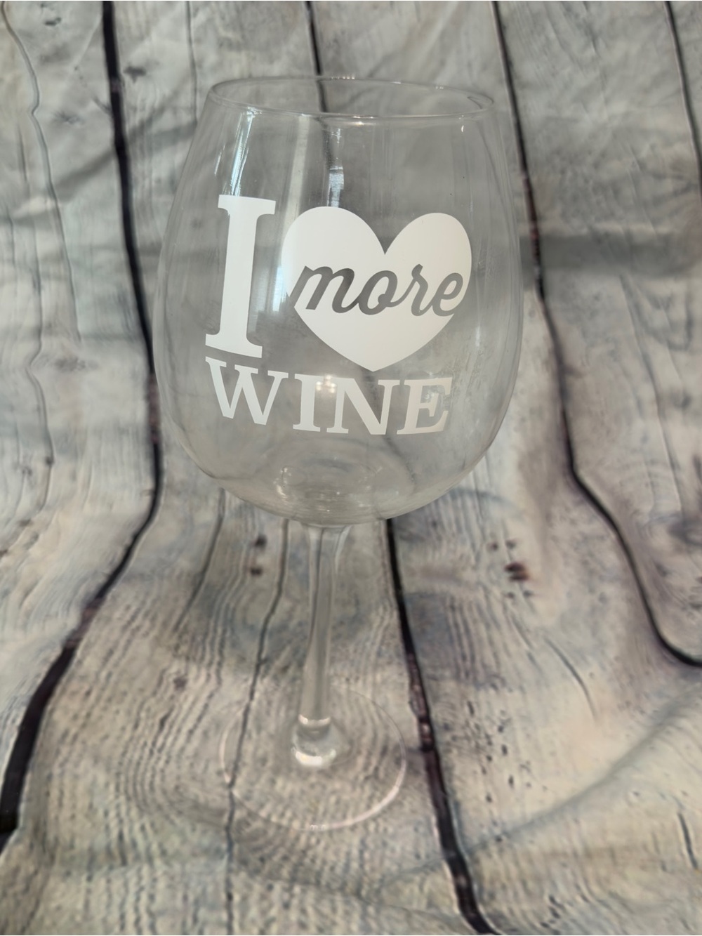 Clear Stemless Wine Glass with White "I ♥ More WINE" Graphic